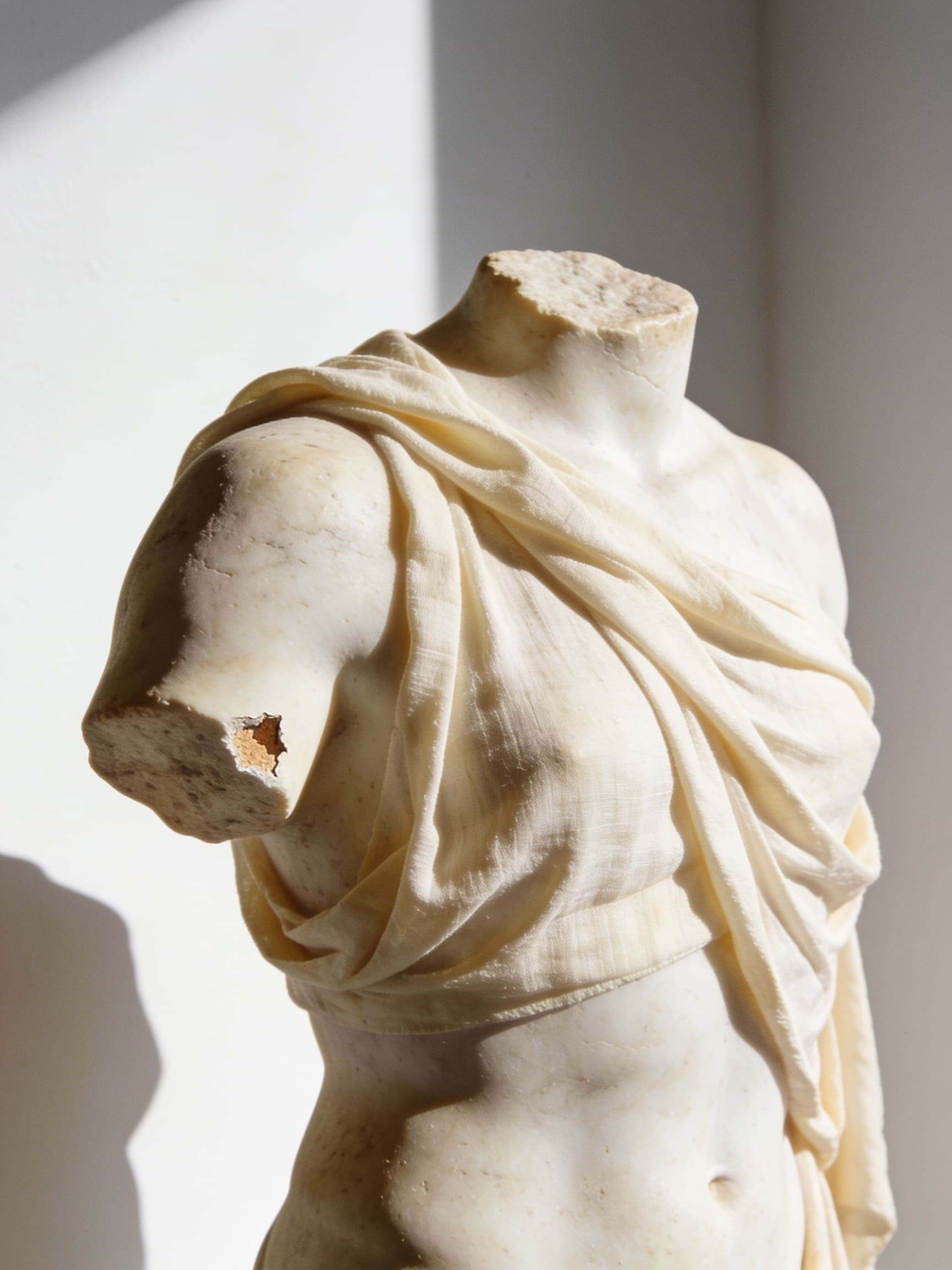 A fragment of a pale travertine torso draped in washed cream linen, lit by soft morning window light