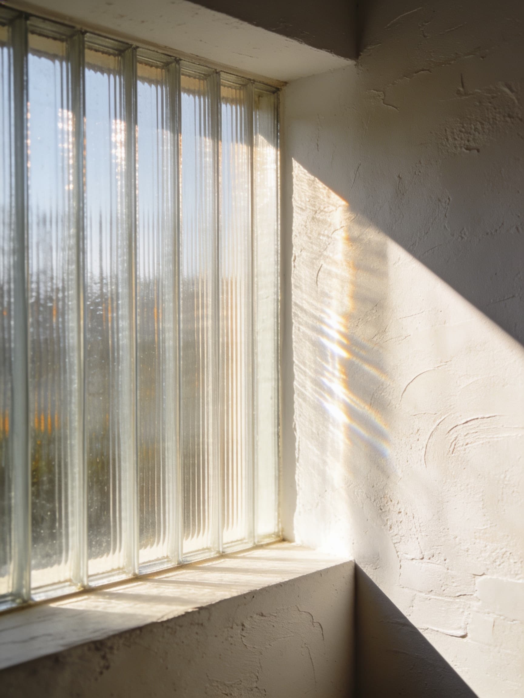 Morning sun through fluted glass scattering soft daylight ripples across a warm white plaster wall